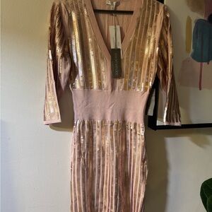 Elegant Pink and Gold Sequin Long Sleeve Dress